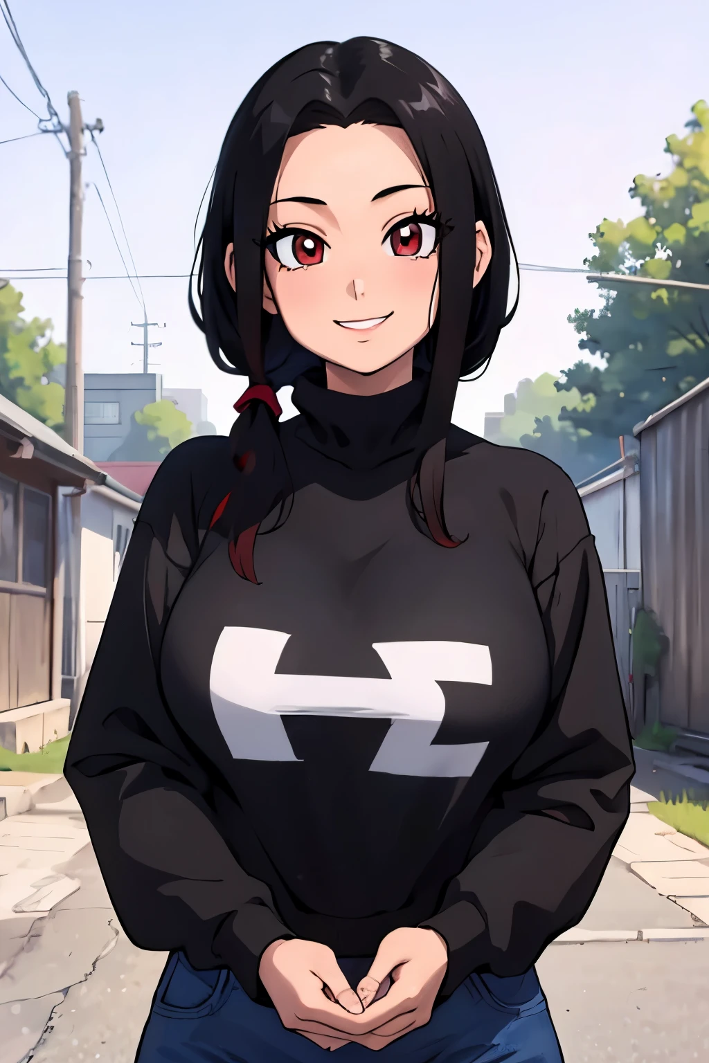 beautiful girl with light skin, red eyes, black long hair, beautiful smile, bangs, symmetrical body, perfect eyes, black sweatshirt, anime style, masterpiece, best quality, 4k, 8k,