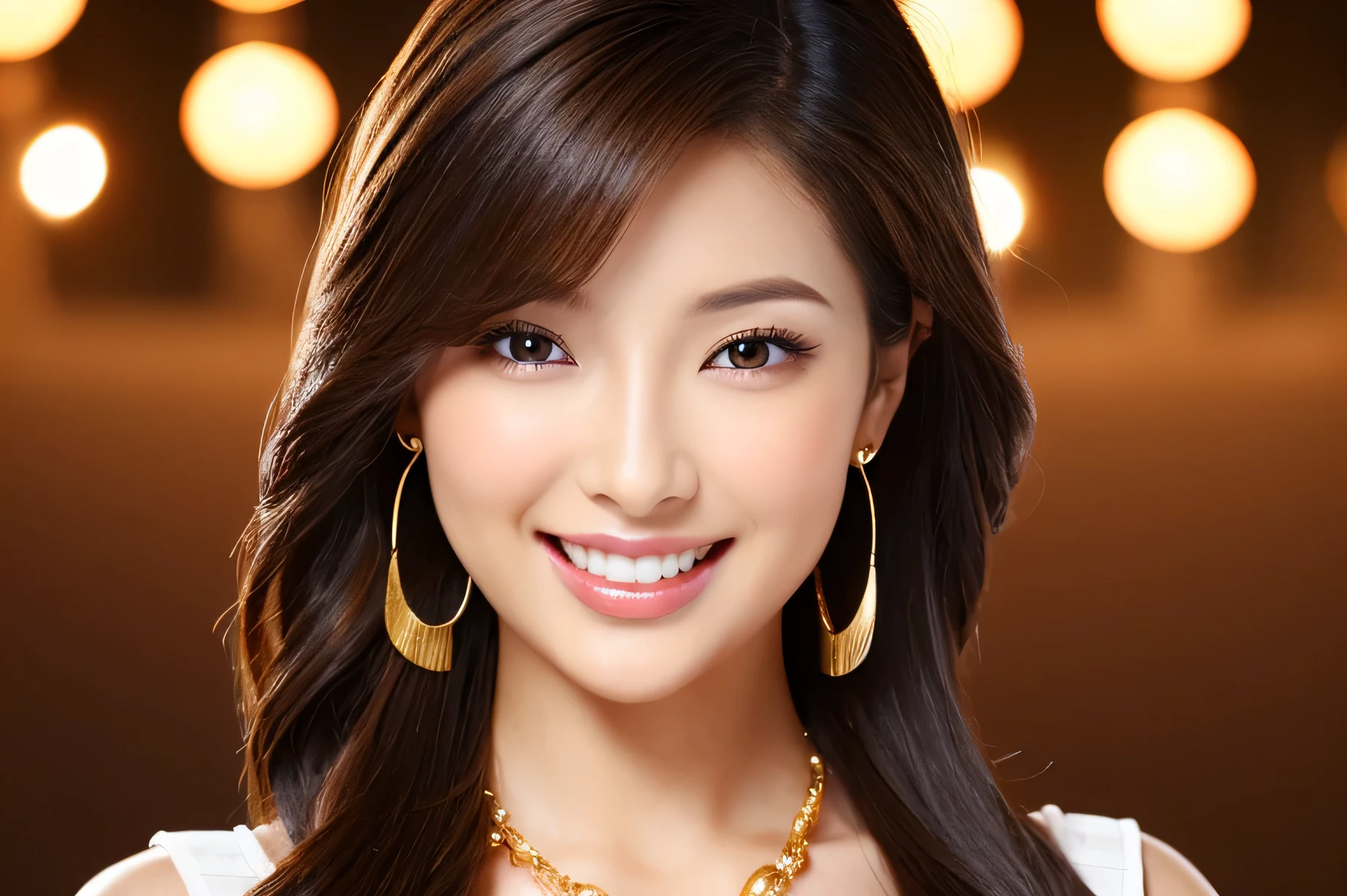 young、beautiful、female announcer、shaped face contour、long hair、brown hair、Fine iris、erotic face、glowing skin、juicy lips、an open seductive smile、thick eyelasheodel body shape、earrings、hair ornaments、blush、black mini skirt、necklace、perfect lighting、perfect shadow、perfect anatomy
