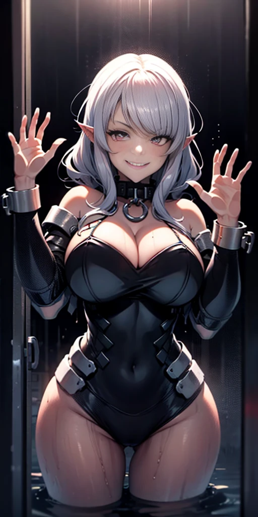 1990s style, dark fantasy anime illustration of a (mature MILF BIMBO Dark Elf with grey skin and short white hair), (UPPER BODY) perfect face, wearing tight leather stealth armor, stalking her victim at DAYLIGHT, ambient light, dark and moody, retro style, BIG KNOCKERS CLEAVAGE, lustful smirking smile red blush red cheeks, chain leash, kneeling, shackles, leather black collar slave, ((BLACK background)) hands on glass breasts on glass ass on glass window fog water drop, 5 fingers each hand, handcuffs 