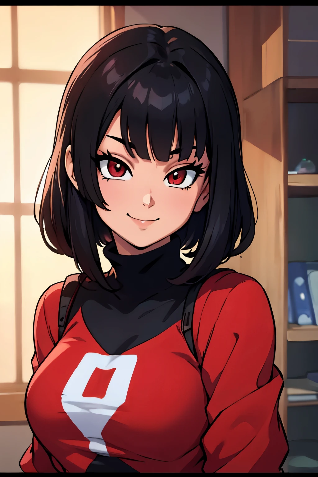 beautiful girl with light skin, red eyes, black long hair, beautiful smile, bangs, symmetrical body, perfect eyes, black sweatshirt, anime style, masterpiece, best quality, 4k, 8k,