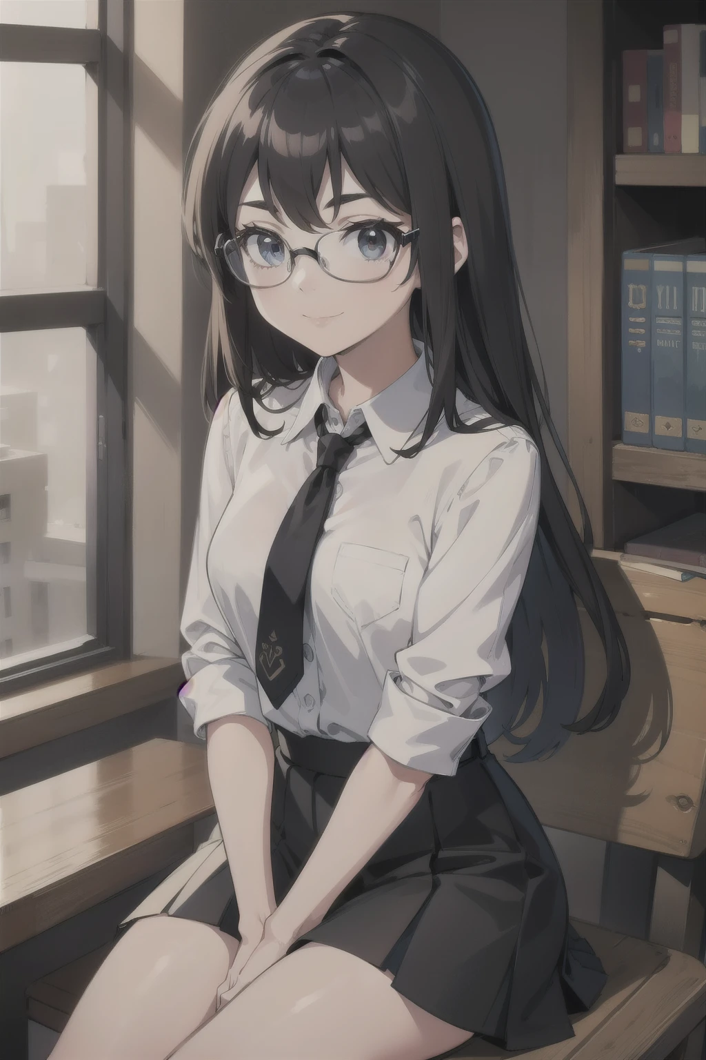 { masterpiece : best quality : high resolution : unity 8k wallpaper : illustration } { Background = library } { Nerd Teenager : long dark smart hair : glasses : perfect slender body : perfectly small shape breast : white collar shirt : black skirt : shy : shy smile : sitting : studying }