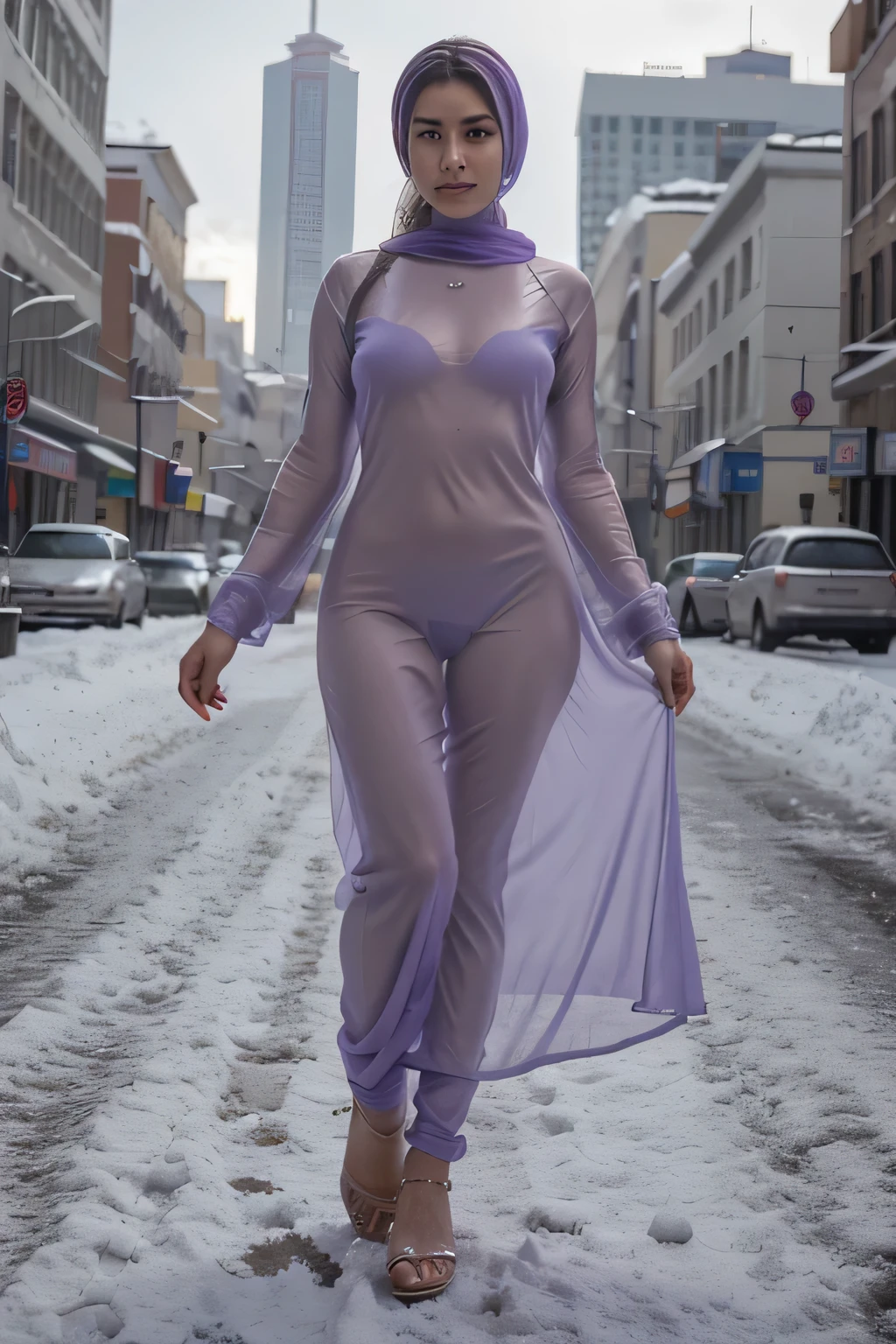 RAW, Best quality, high resolution, realistic, masterpiece: 1.3), arafed woman in a skin-tight baju kurung, posing for a picture, transparent baju kurung, standing, sexy post, soft purple glow, full image head to toe, good young girl, white fair skin, soft body, wet look, show right armpit, eyes on camera, full body image detail, RAW, Best quality, high resolution, masterpiece, heavy snow, colorful outdoor urban city day photography, deserted city, camera angle from thigh length