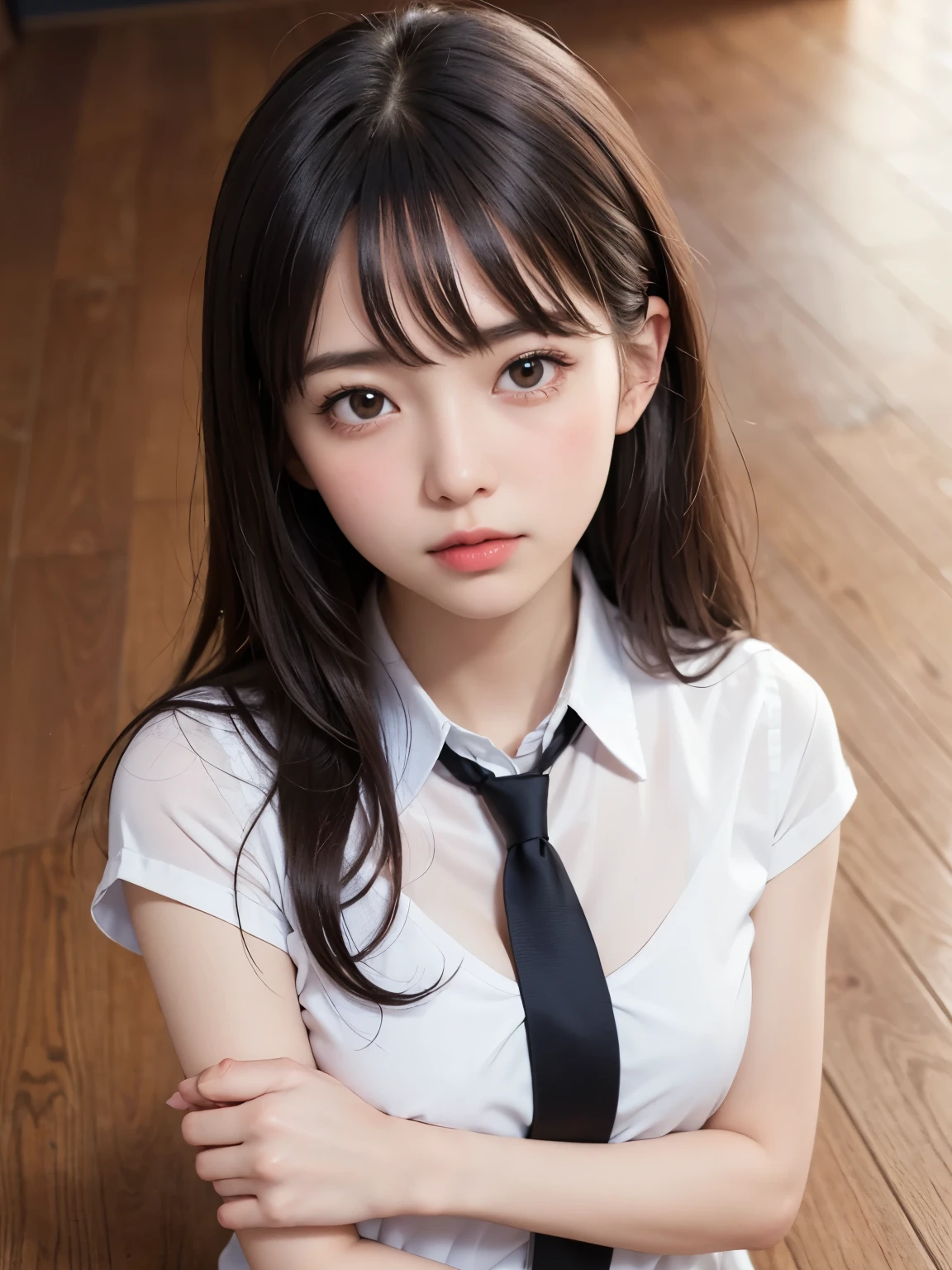 (professional portrait、professional writing)、highest quality, Detailed workmanship、high resolution、(8K, High resolution:1.2)、(RAW photo, photorealistic:1.3)、masterpiece、slender body shape、high definition face、Face is in focus、high definition eyes、(Focused, symmetrical pupils:1.2)、High-definition and beautiful skin、firm skin、natural makeup、gross lip, High-definition hair texture、 Japanese high school girl、、(high , white shirt, losen tie:1.3), (lying on the floor:1.6), (hugging own chest by arms:1.3), very cute, (very embarrassed:1.2), (blush:1.1), (A face that looks like it's about to cry:1.3)、(Looking up at the camera:1.3)、(color々Easy shooting angle:1.3), small breast, nsfw, cleavage,