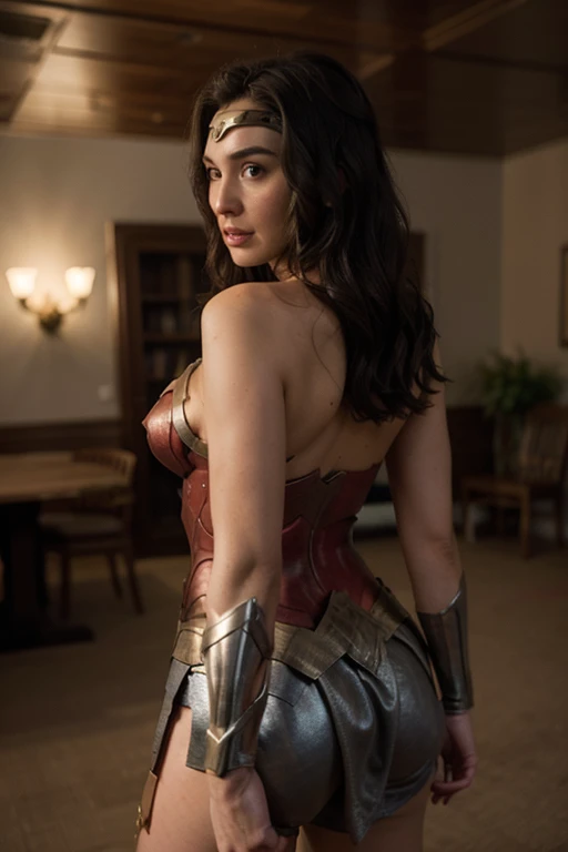 Very detailed face,Gal Gadot as wonder woman, photo taken from the back