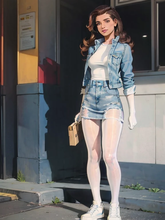 Best quality, 25 years old girl, alone, standing, long brown hair, discreet smile, looking at viewer, denim jacket over white cropped t-shirt, blue denim skirt, color pantyhose, white sneakers, cosmopolitan city setting