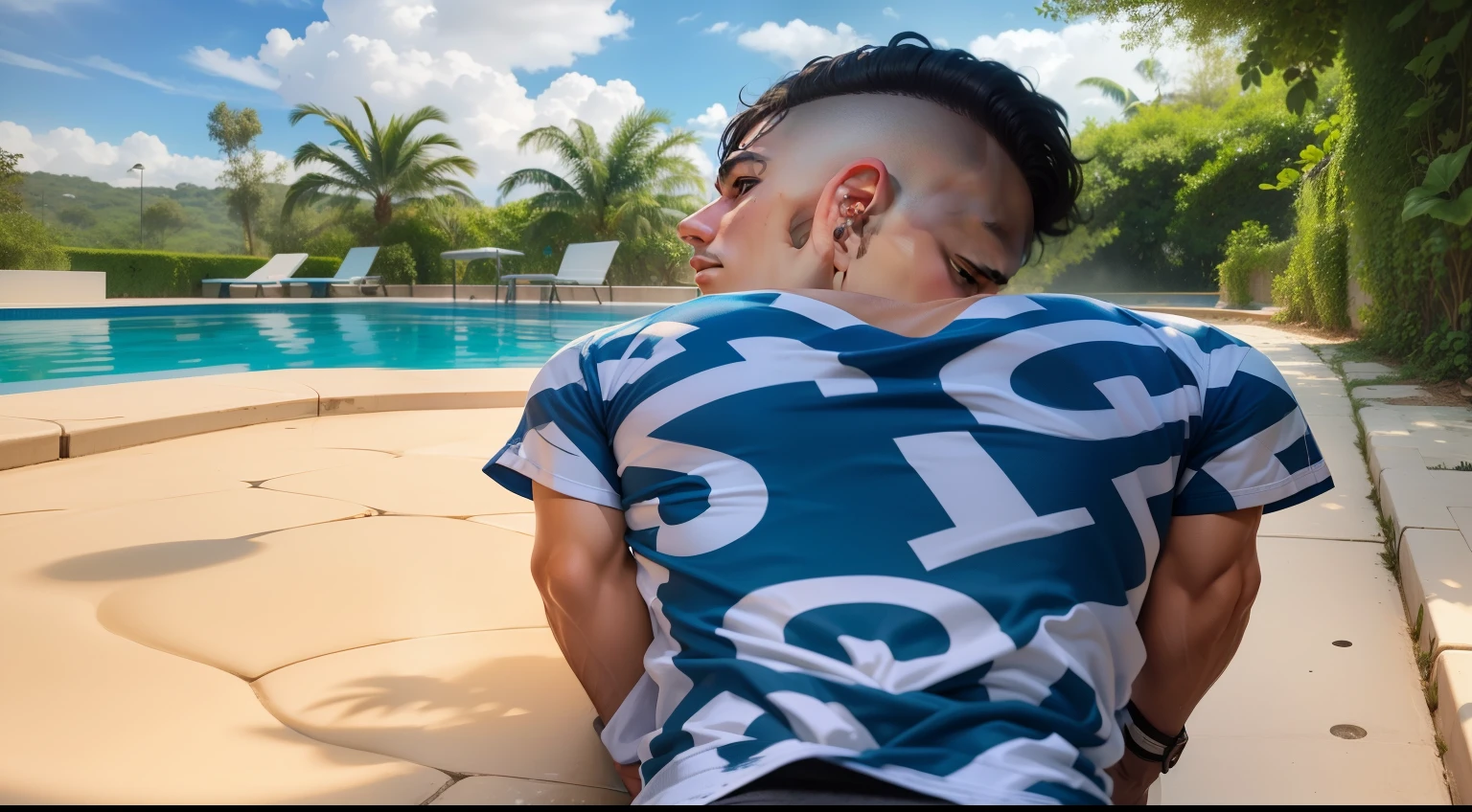 menino parado em frente a uma piscina vestindo uma camisa azul e branca, camilo gc, inspirado em Diego Gisbert Llorens, golf and swimming course, ao lado de uma piscina, inspired by Julio González, graphic t-shirts, gogo : :, lucas graziano, by the pool, Grande obra-prima, inspirado em Genco Gulan, caio santos