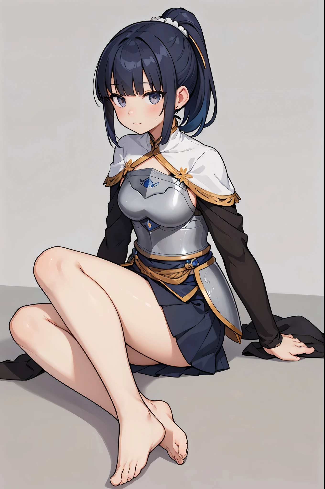 1girl,armor,barefoot,black eyes,blue capelet,blue hair,blue skirt,blunt bangs,breastplate,capelet,closed mouth,collarbone,dot nose,dou,feet,foot focus,foreshortening,grey background,japanese armor,knees up,kote,kusazuri,looking at viewer,mole,mole under eye,neck tassel,ponytaiL,sidelocks,simple background,sitting,skirt,solo,toe scrunch,toenail,toes,unworn footwear,unworn socks,zouri