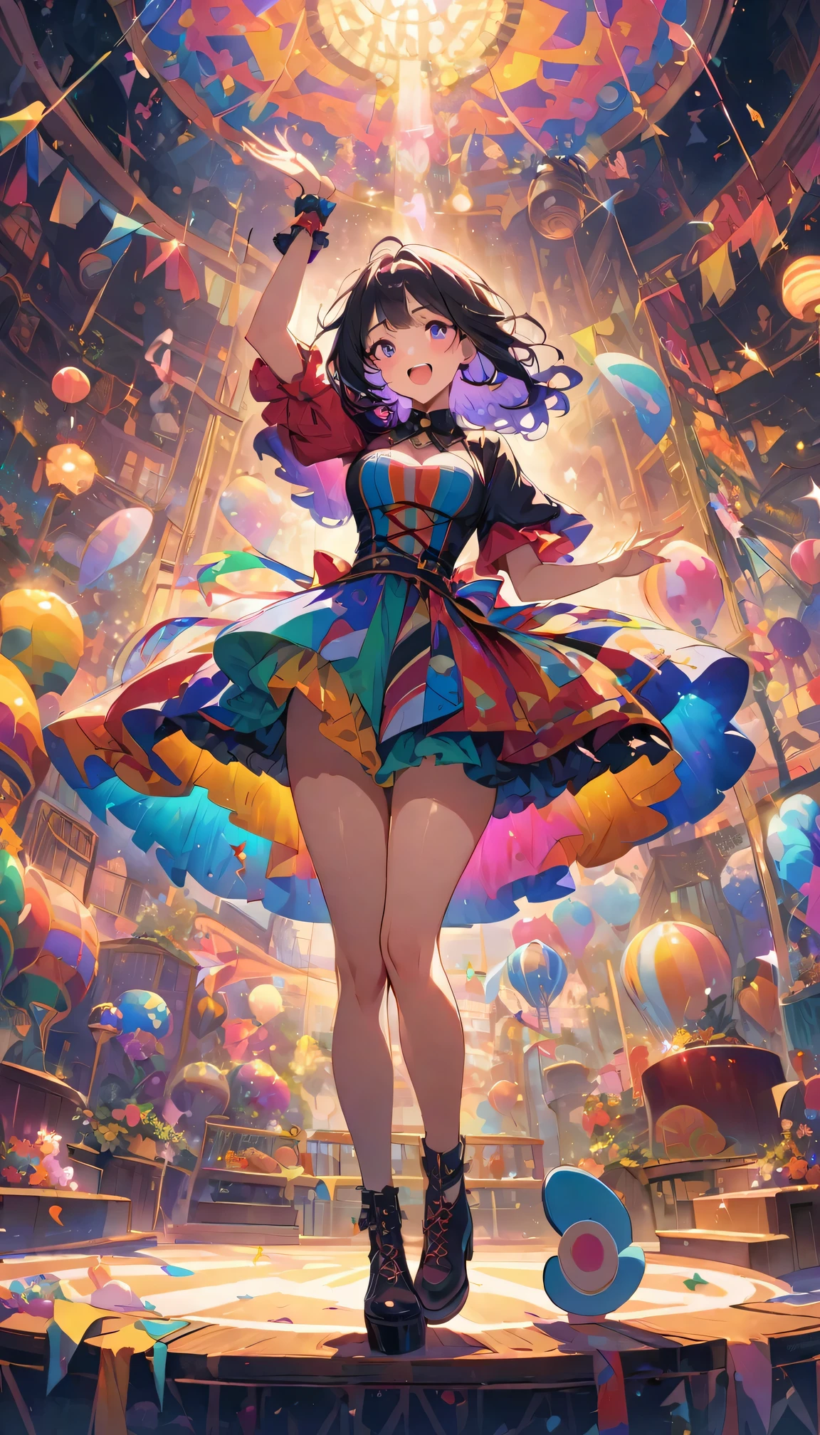 (best quality,4k,high resolution,masterpiece:1.2),Ultra-detailed,A cute girl with brightly colored eyes,lol,joy,Vintage glasses,in a circus environment,illustration, - She wears a retro circus themed outfit,Bold patterns and colors。 - Colorful decorations hanging around,and sparkling lights。 - She stands on a colorful platform,In the background is an old-fashioned circus stand。 The colors are bright and lively,Mix of warm and cool colors。