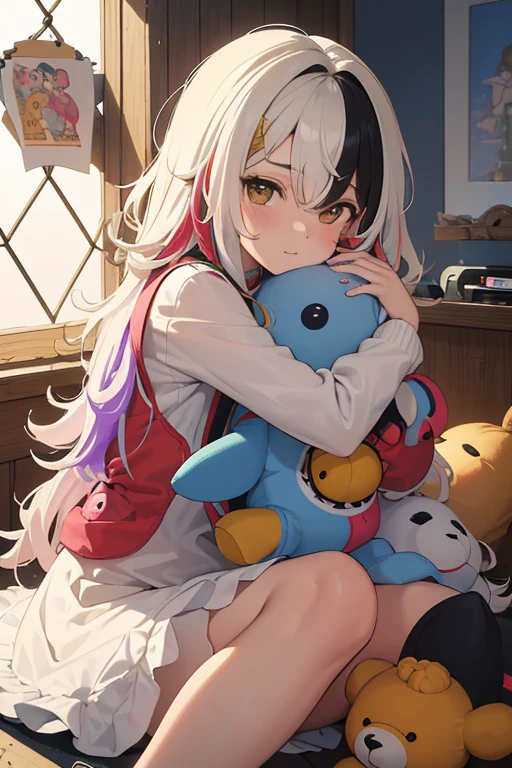 (Melhor qualidade, obra de arte), 1 garota, fora do ombro,(cabelo multicolorido:1.3), beautiful mess room, hugging stuffed animal, moletom fofo com orelhas de animais,
