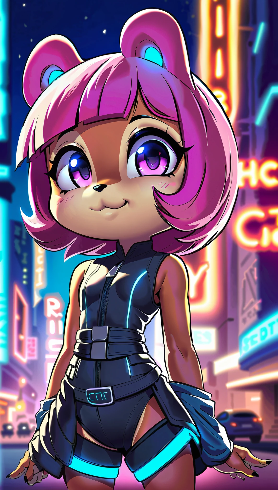 (highest quality, 4k, 8K, High resolution, masterpiece:1.2), Super detailed, Close-up of science fiction with a furry woman wearing a helmet, ((radio city, rich light changes)), Very complex and detailed expression, Science fiction fusion, bear girl, cyberpunk fashion, high contrast, (((Expressing Chibi Kawaii:1.2))).