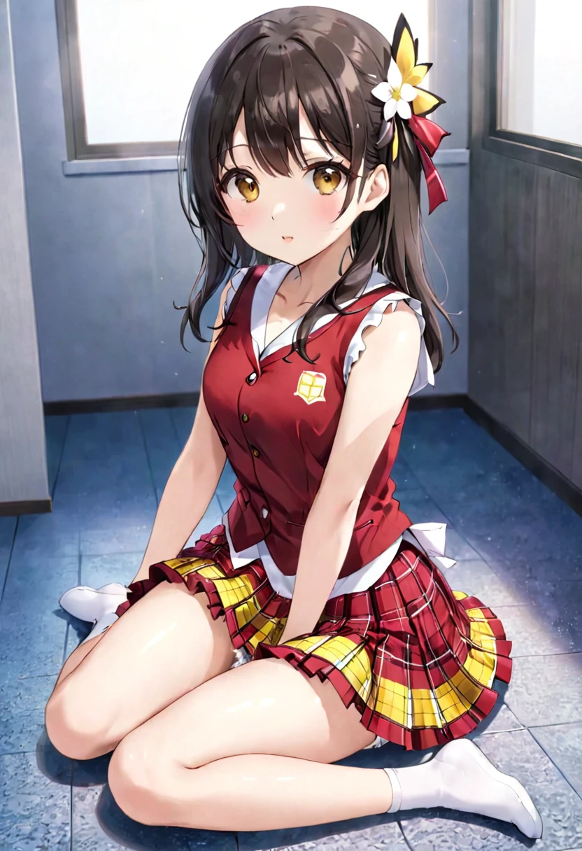 Asian woman in uniform sitting on the floor, Photo of high school girl posing, cute , Ayami koj ima, Japanese girl , Young beautiful girl gravure idol, wearing Japanese , Japanese , realistic young gravure idol, mayuri shiina, young gravure idol, young sensual gravure idol, Ayami、Lined V-neck vest、red and yellow checked skirt、(masterpiece)、(1 girl)、Japanese teen girl idol、1 girl、small face、plump cheeks、whole body、I can see my bare thighs、I can see my crotch、white panties、