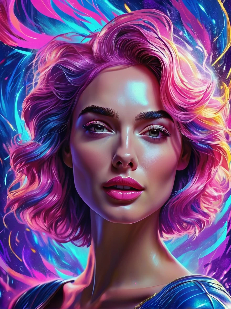 A portrait of beautifully stunning 20 yo woman [Elizabeth II:Gal Gadot:0.45] with content face expression, fair skin, pink hair, surrounded by a swirling nanodusty plasma in electric blue and vibrant purple, vibrant colors, digital painting, trending in Artstation, cinematic lighting, and dynamic composition.