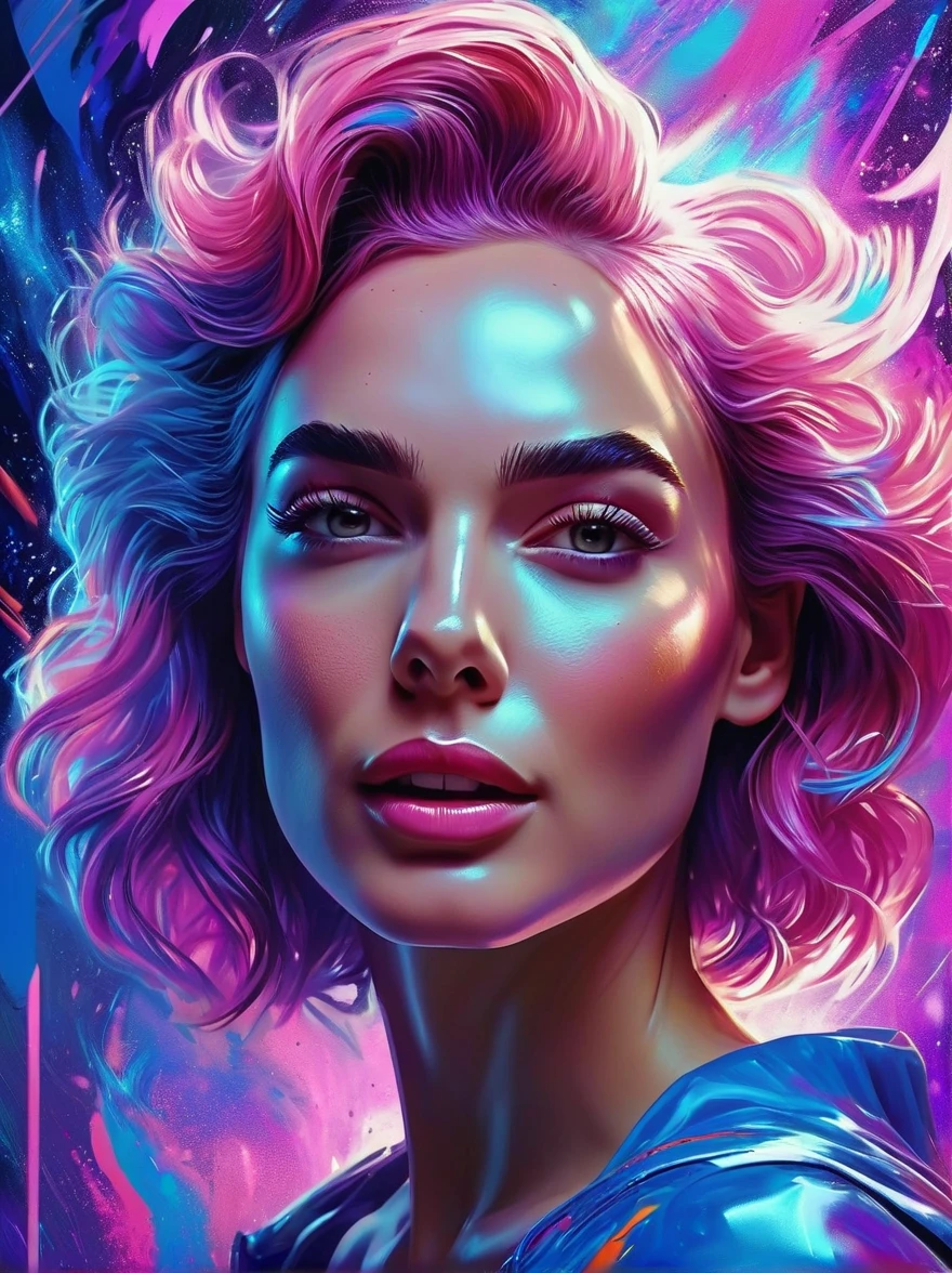 A portrait of beautifully stunning 20 yo woman [Elizabeth II:Gal Gadot:0.45] with content face expression, fair skin, pink hair, surrounded by a swirling nanodusty plasma in electric blue and vibrant purple, vibrant colors, digital painting, trending in Artstation, cinematic lighting, and dynamic composition.