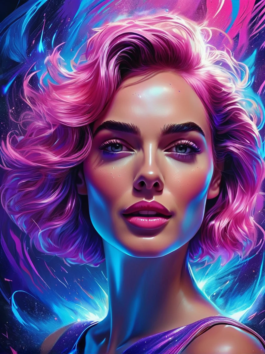 A portrait of beautifully stunning 20 yo woman [Elizabeth II:Gal Gadot:0.45] with content face expression, fair skin, pink hair, surrounded by a swirling nanodusty plasma in electric blue and vibrant purple, vibrant colors, digital painting, trending in Artstation, cinematic lighting, and dynamic composition.