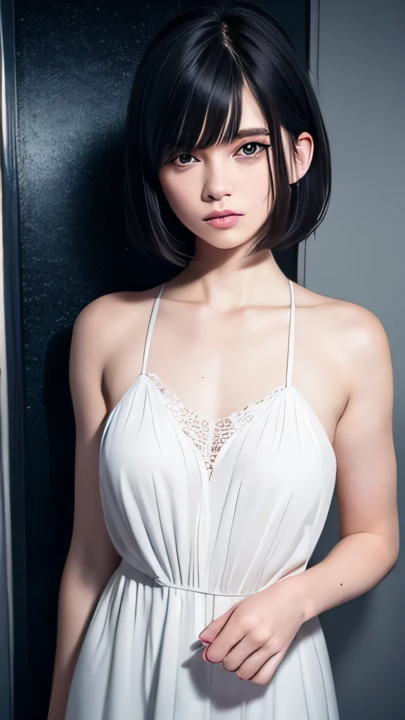 A short black haired sweden girl, bob cut, bang, blue eyes, ************, young, pale skin, wearing a white silky dress, peeking behind a door, feeling anxiety, sad, sweaty, Ultra high res, uhd, (photorealistic:1.4), coboy shot, doll-like face, in a dark room dramatic lighting