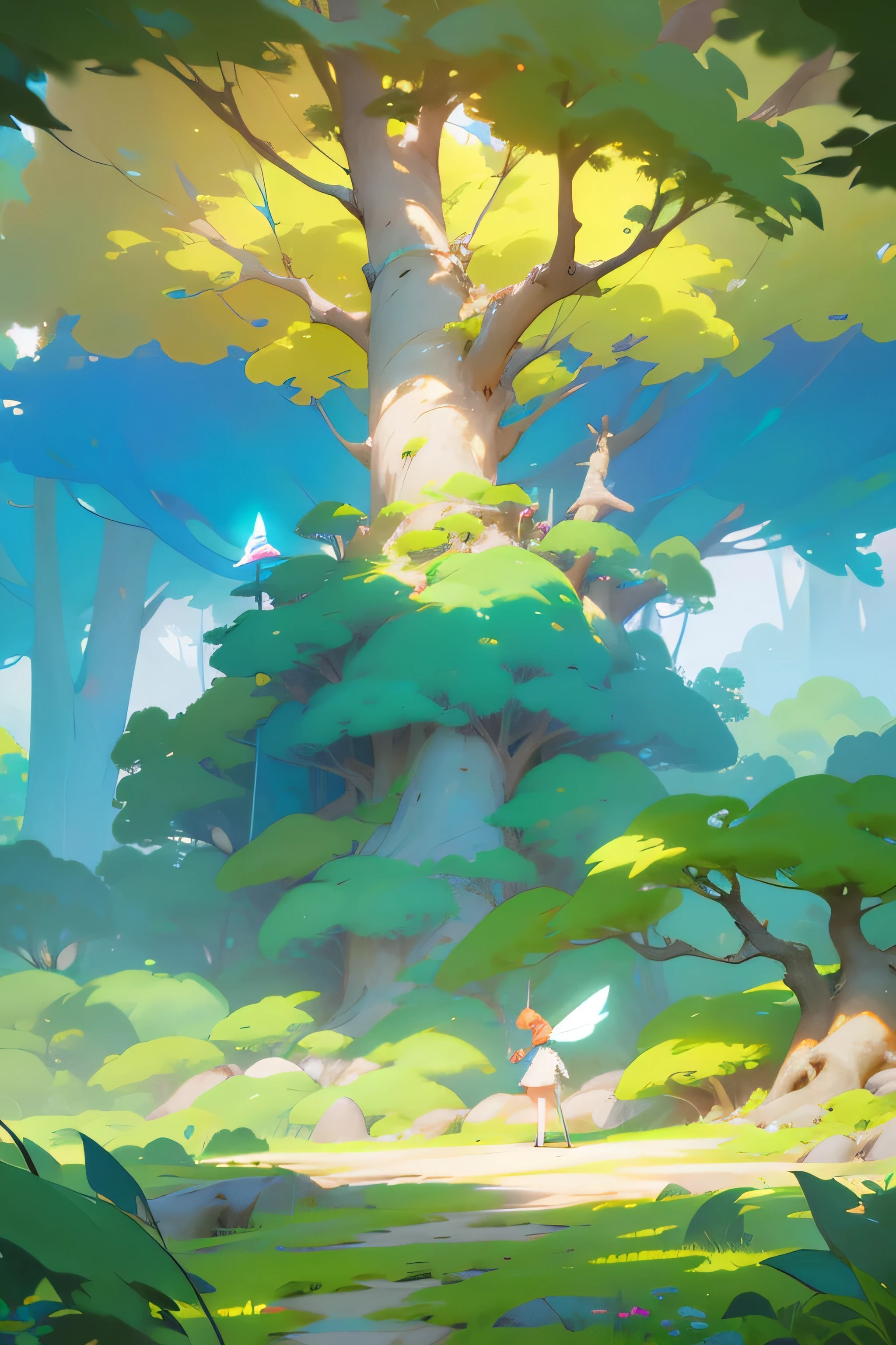 cartoon style painting of a tree with a green eye in a forest, background art, stylized concept art, made of tree and fantasy valley, painted as a game concept art, mobile game art, light kingdom backdrop, stylized game art, background artwork, mobile game background, elf forest background, fairy kingdom forest, childrens art in artstation, game concept art