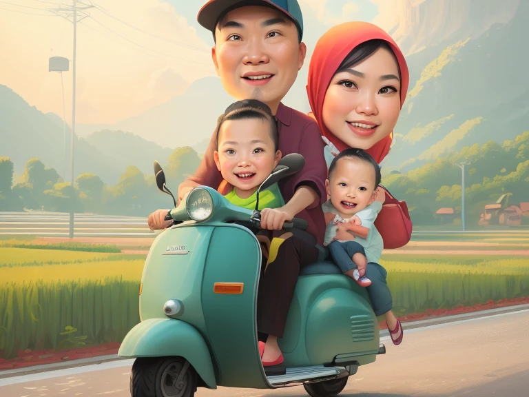 cartoon family riding a scooter with a  and two adults, an indonesian family portrait, cartoon artstyle, in cartoon style, cartoon digital art, cartoon art style, digital art cartoon, cartoon digital painting, cartoon style illustration, caricature illustration, inspired by Rudy Siswanto, cartoon art, realism artstyle, by Abidin Dino, potrait