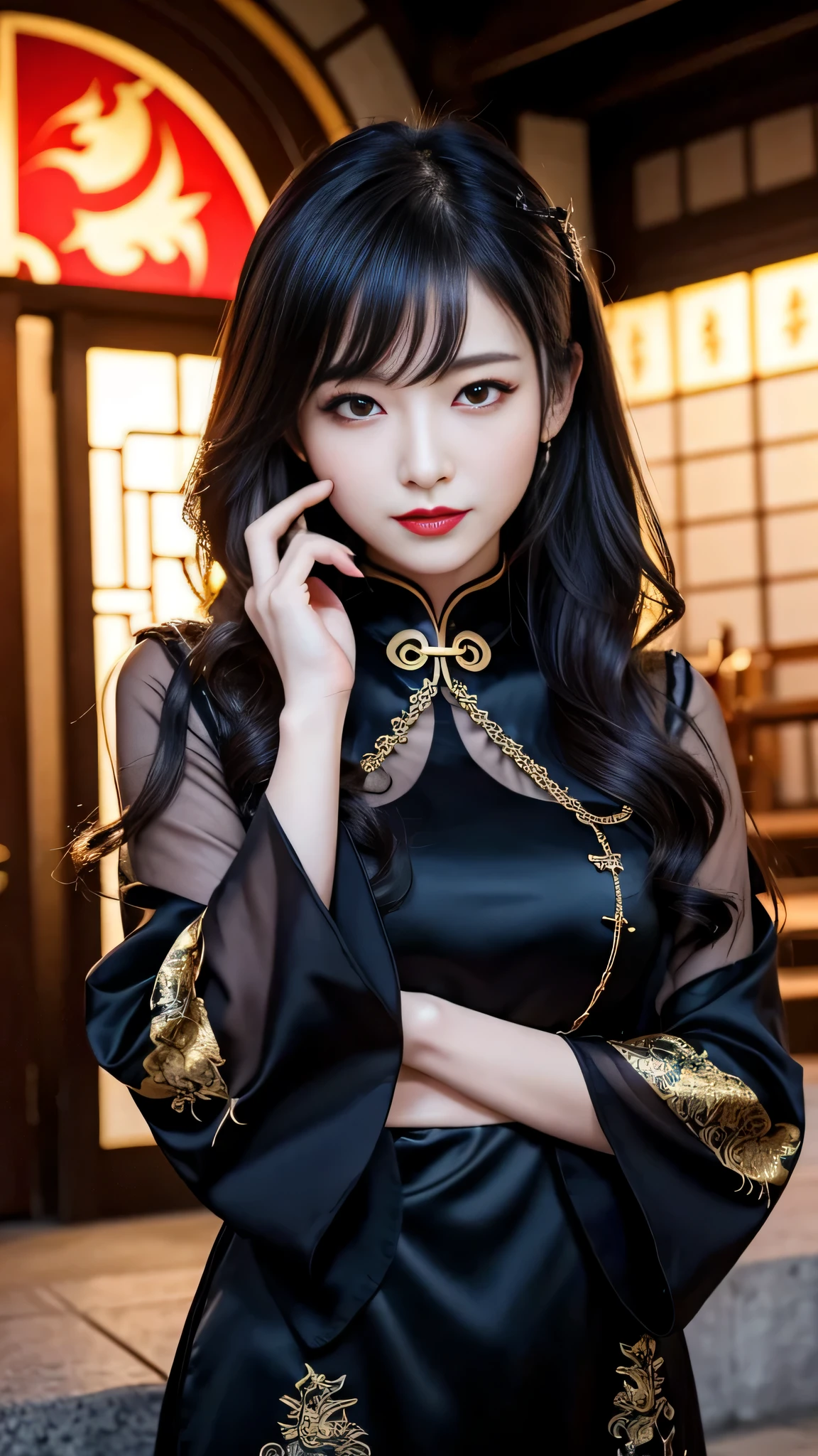tra-detailed、Japanese、attractive beauty、seductive adult woman、pretty woman、piercing eyes、cool girl、wavy hair、swept bangs、Long Black and Gold Cheongsam、wide sleeves、Evil cadres、evil depravity、brainwash、mind control、lipstick、lip gloss、dark makeup、smirk、whisper in your ear、Evil expression、evil、hollow eyes,half-closed eyes、empty eyes、evil、church at night、vampire、succubus、vampire、Swear allegiance、sexy pose、bracelet