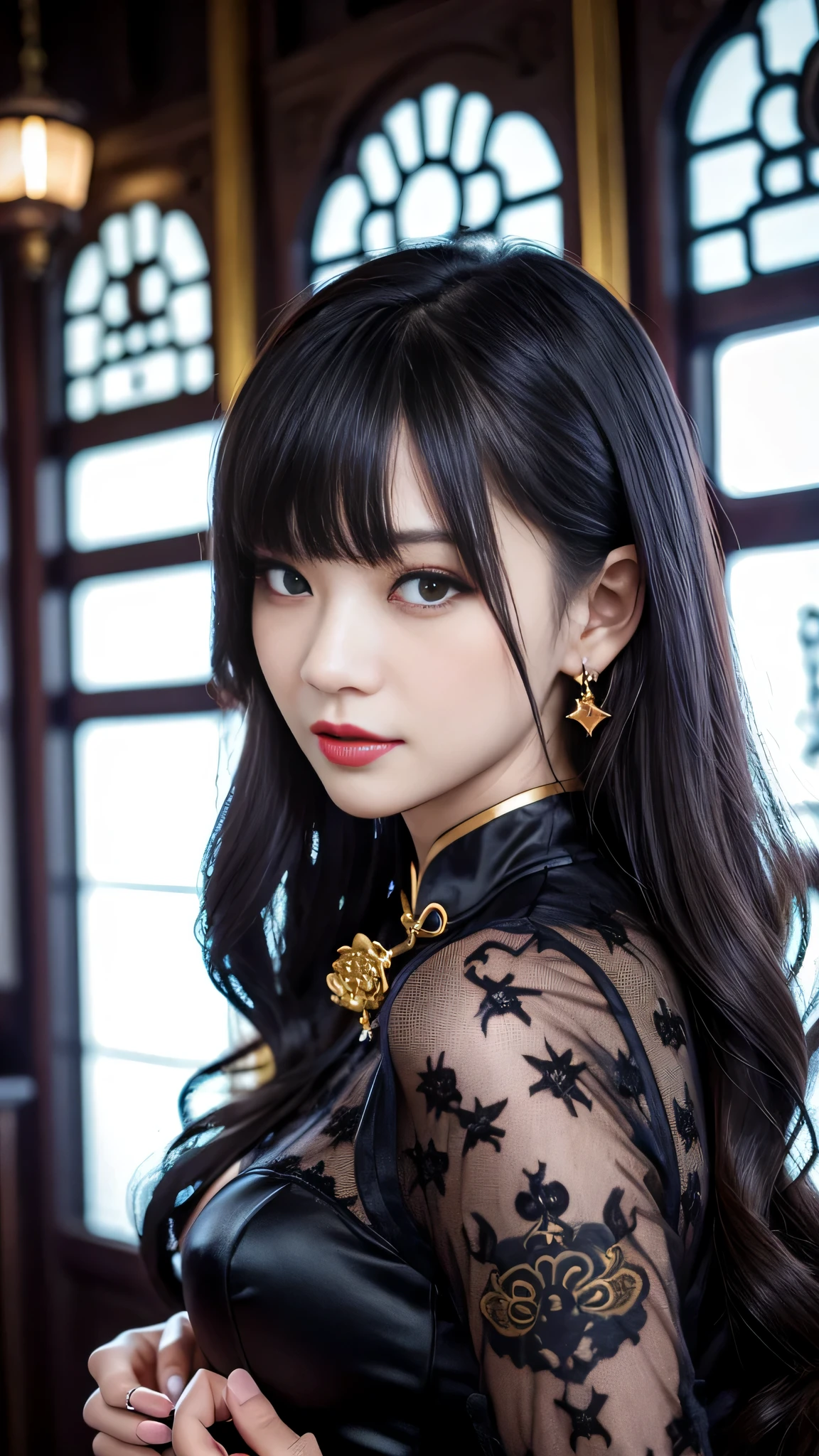 (((Chinese Beauty)))、((Angle of view from the side))、(Look back here)、21 years old、(Very heavy makeup:1.3)、(Slanted Eyes:1.4)、(long narrow eyes:1.4)、Shiny Hair、Glowing Skin、Very white skin、Jet Black Hair、Straight long hairstyle、Waist-length hair、Big eyes、Double eyelids、Luxury Chinese palace、(Standing in the palace corridor)、(Golden luxurious hair ornament)、(((Chinese Queen&#39;s Costume)))、Luxurious and gorgeous、(huge breast:1.2)、(Exposed Skin:1.2)、(Smile with your mouth closed)、Transparent white cloth、(((Vermilion and gold costume)))