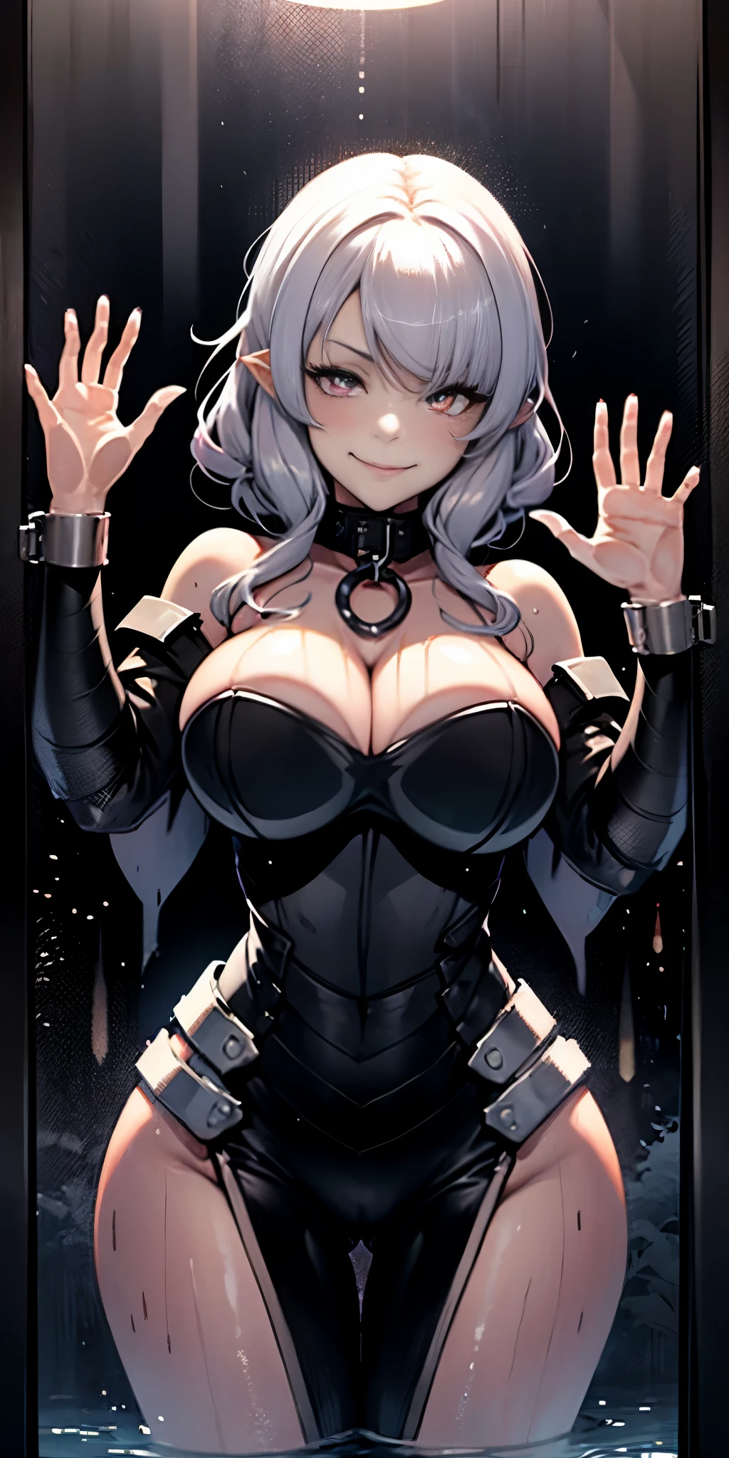 1990s style, dark fantasy anime illustration of a (mature MILF BIMBO Dark Elf with grey skin and short white hair), (UPPER BODY) perfect face, wearing tight leather stealth armor, stalking her victim at DAYLIGHT, ambient light, dark and moody, retro style, BIG KNOCKERS CLEAVAGE, lustful smirking smile red blush red cheeks, chain leash, kneeling, shackles, leather black collar slave, ((BLACK background)) hands on glass breasts on glass ass on glass window fog water drop, 5 fingers each hand, handcuffs 