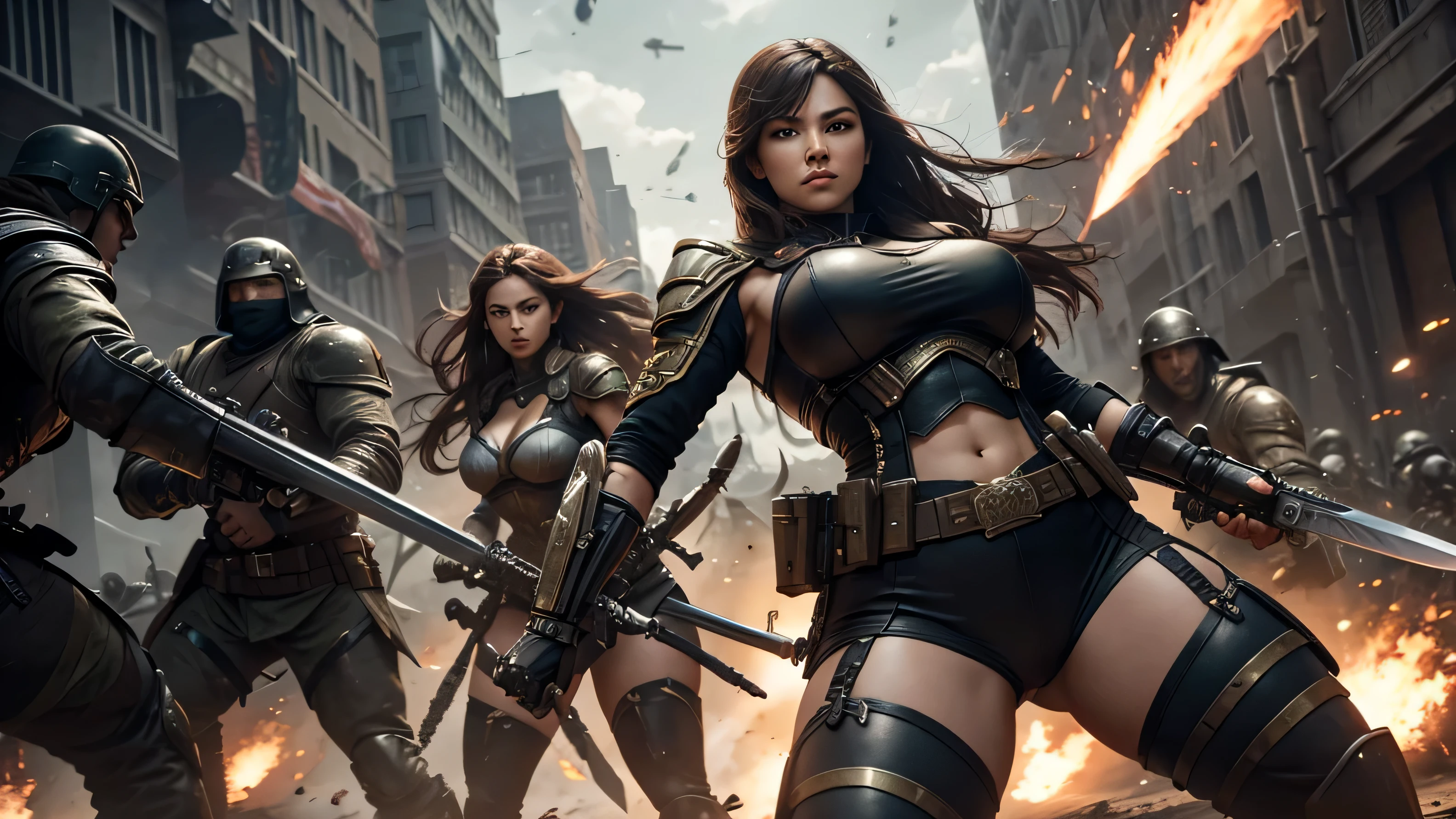 A female leader with big thighs with her warriors army holding sword and gun in full action mode , futuristic gaming strong figure 