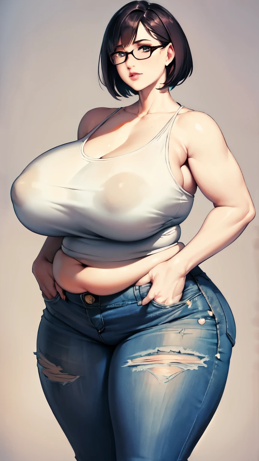 huge breasts, big hips, Tank top, denim shorts, full body shot, Mature mother, Whipping the lower body, plump thighs, calf, bewitching mature woman, perfect body, plus size model,