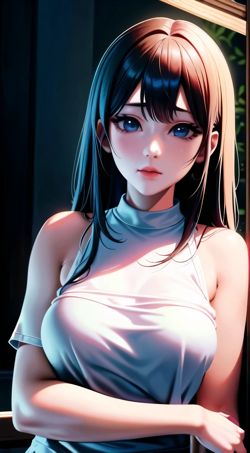 Hinata hyuga (photorealistic:1.4), (masterpiece, side dim light, finely detailed beautiful eyes: 1.2), masterpiece*portrait, realistic, 3d face, Stelle \(honkai star rail\), 1girl, white oversize T-shirt, bare shoulder, universe, rail, bangs, blush, shy, lustful eyes, medium long hair, looking at viewer, gasp, medium breasts