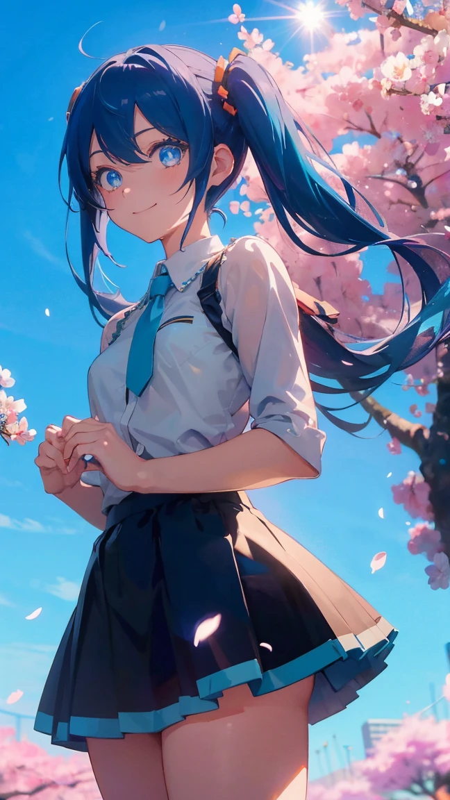 1 anime girl, alone,Black petals flutter, A mysteriously shining butterfly.city,bright blue hair,blue gem eyes,Hatsune Miku,twin tails,thin legs,very clear,highest quality,smile,close up of face,cherry blossoms,look up at the sky,blue sky,close your eyes,Hold your hand over the sun