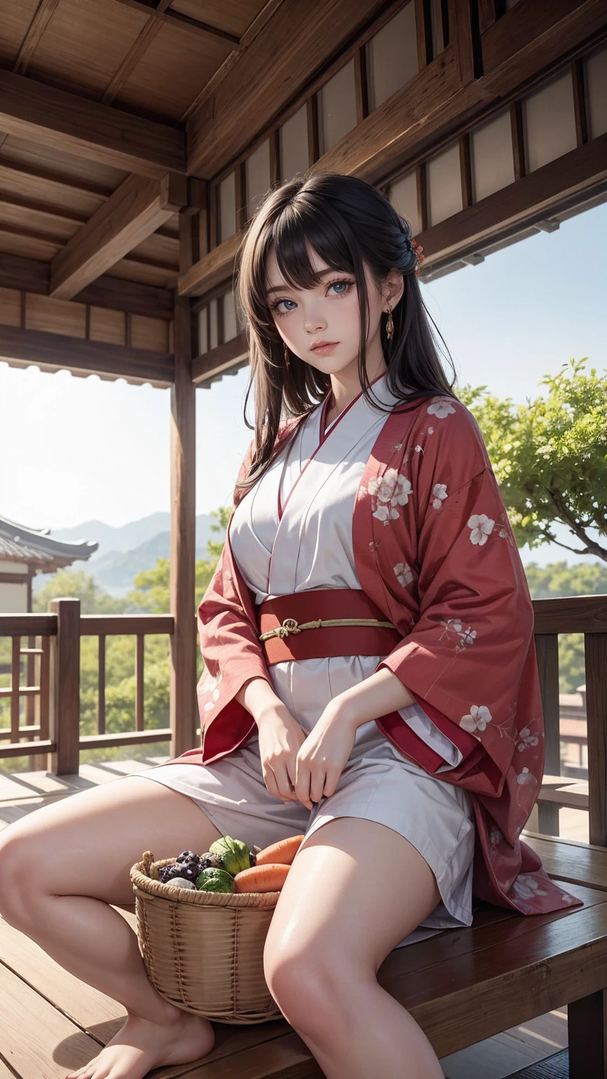 ((最high quality, 8K, masterpiece: 1.3, Ultra HD, high quality, 最high quality, High resolution, realism)) 、A stunningly beautiful 22-year-old Japanese woman、hair color is black、black eye、medium hair、straight hair、smile、Slender but well-proportioned muscular body、Athlete-like body type、I don't want my head to disappear from the screen.、Wearing red nail polish、I have a peticure、Sitting on the veranda of a Japanese house in the Japanese countryside、It's summer、A wind chime is hung in front of the eaves.、barefoot、There is a basket filled with tomatoes, carrots and other vegetables on the veranda.、The basket is made of woven bamboo strips、A courtyard spreads out in front of the verandah.、There is a well with a hand pump in the courtyard.、wear a yukata