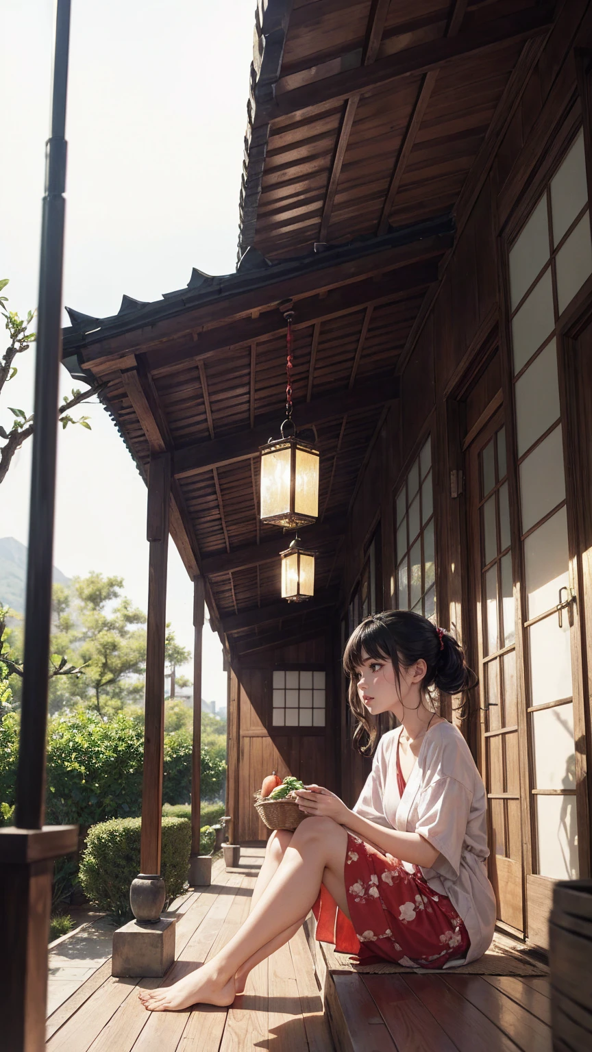 ((最high quality, 8K, masterpiece: 1.3, Ultra HD, high quality, 最high quality, High resolution, realism)) 、A stunningly beautiful 22-year-old Japanese woman、hair color is black、black eye、medium hair、straight hair、smile、Slender but well-proportioned muscular body、Athlete-like body type、I don't want my head to disappear from the screen.、Wearing red nail polish、I have a peticure、Sitting on the veranda of a Japanese house in the Japanese countryside、It's summer、A wind chime is hung in front of the eaves.、barefoot、There is a basket filled with tomatoes, carrots and other vegetables on the veranda.、The basket is made of woven bamboo strips、A courtyard spreads out in front of the verandah.、There is a well with a hand pump in the courtyard.、wear a yukata