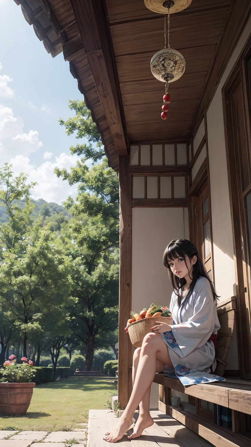 ((最high quality, 8K, masterpiece: 1.3, Ultra HD, high quality, 最high quality, High resolution, realism)) 、A stunningly beautiful 22-year-old Japanese woman、hair color is black、black eye、medium hair、straight hair、smile、Slender but well-proportioned muscular body、Athlete-like body type、I don't want my head to disappear from the screen.、Wearing red nail polish、I have a peticure、Sitting on the veranda of a Japanese house in the Japanese countryside、It's summer、A wind chime is hung in front of the eaves.、barefoot、There is a basket filled with tomatoes, carrots and other vegetables on the veranda.、The basket is made of woven bamboo strips、A courtyard spreads out in front of the verandah.、There is a well with a hand pump in the courtyard.、wear a yukata