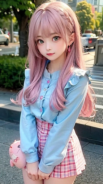 The arrival of autumn、big chest、 (alone:1.5,)Super detailed,明るいcolor, very beautiful detailed anime face and eyes, look straight,  shiny_skin,girl, (((虹colorの髪, colorful hair, Half blue、half pink hair: 1.2))), 、forehead is exposed.、green eyes、shiny hair, delicate beautiful face, blush、Glasses、(turquoise eyes), White skin, Valletta, mature earrings、lake shore、Taking a walk、Maple leaves are waiting、blue sky、((short sleeve、Cute blouse with polka dots、short sleeveの服、Red checked miniskirt,)))、twin tails、smile、happy face、face dyed red、color々pose、Full body portrait from head to toe、I&#39;m embarrassed