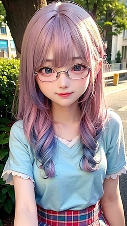 The arrival of autumn、big chest、 (alone:1.5,)Super detailed,明るいcolor, very beautiful detailed anime face and eyes, look straight, shiny_skin,girl, (((虹colorの髪, colorful hair, Half blue、half pink hair: 1.2))), 、forehead is exposed.、green eyes、shiny hair, delicate beautiful face, blush、Glasses、(turquoise eyes), White skin, Valletta, mature earrings、lake shore、Taking a walk、Maple leaves are waiting、blue sky、((short sleeve、Cute blouse with polka dots、short sleeveの服、Red checked miniskirt,)))、twin tails、smile、happy face、face dyed red、color々pose、Full body portrait from head to toe、I'm embarrassed