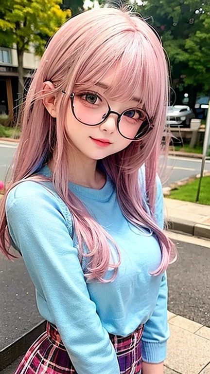 The arrival of autumn、big chest、 (alone:1.5,)Super detailed,明るいcolor, very beautiful detailed anime face and eyes, look straight, shiny_skin,girl, (((虹colorの髪, colorful hair, Half blue、half pink hair: 1.2))), 、forehead is exposed.、green eyes、shiny hair, delicate beautiful face, blush、Glasses、(turquoise eyes), White skin, Valletta, mature earrings、lake shore、Taking a walk、Maple leaves are waiting、blue sky、((short sleeve、Cute blouse with polka dots、short sleeveの服、Red checked miniskirt,)))、twin tails、smile、happy face、face dyed red、color々pose、Full body portrait from head to toe、I'm embarrassed
