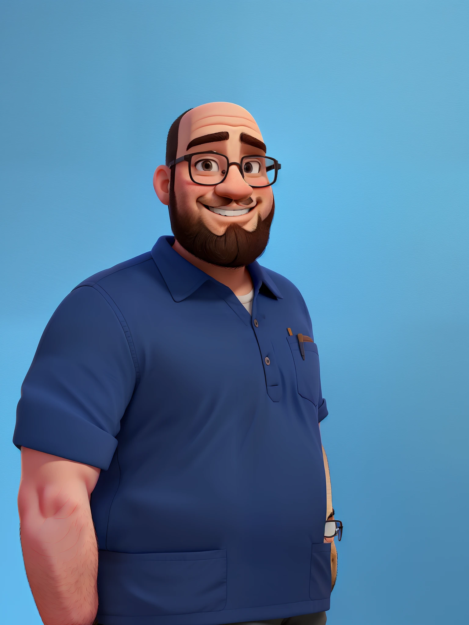A man, chubby, with a beard and glasses, smiling, bald and with little hair on the side, against the backdrop of a white wall.