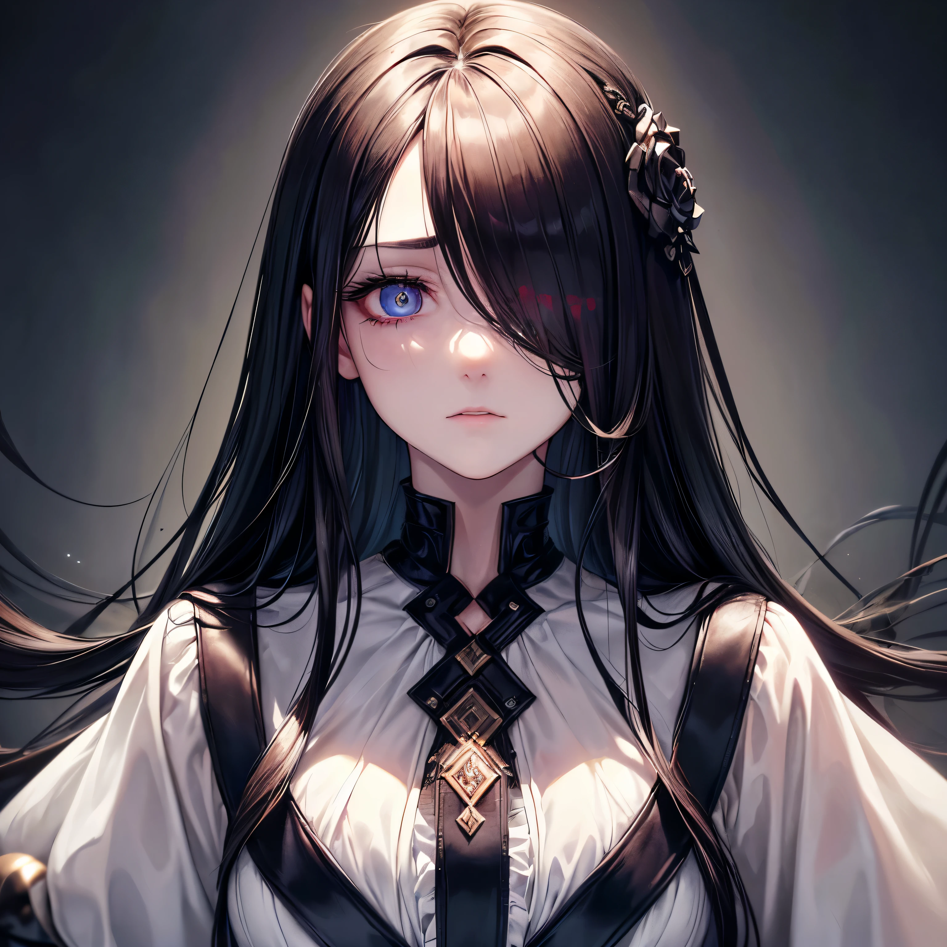 ((masterpiece, best quality)), (1girl), (solo), (female focus), ((dark hair, long hair, hair over one eye)), (hair over one eye: 1.2), sad eyes, cold facial expression, cold look, pale skin, (dark circle under eyes), decadence, stunning, eerie, bag under eyes, ((heterochromatic eyes)),