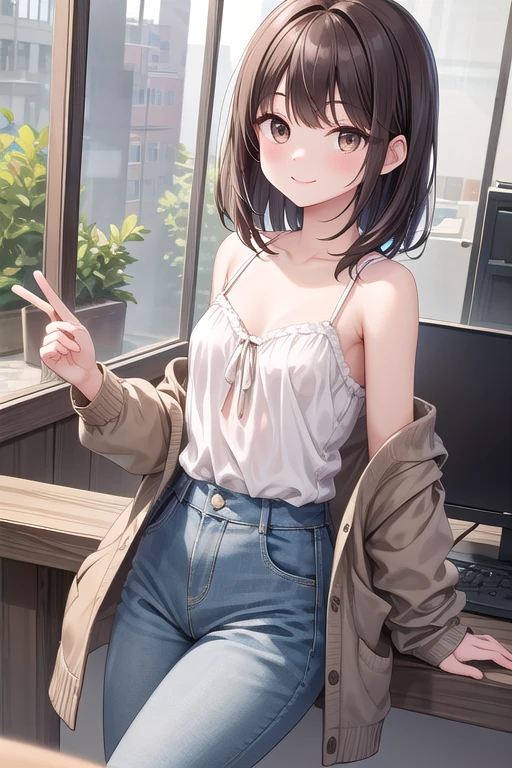 biologically correct、 20-year-old,medium hair, dark brown hair, brown eyes, Medium chest,Long cardigan x wide pants + camisole、Very cute clothes、best smile