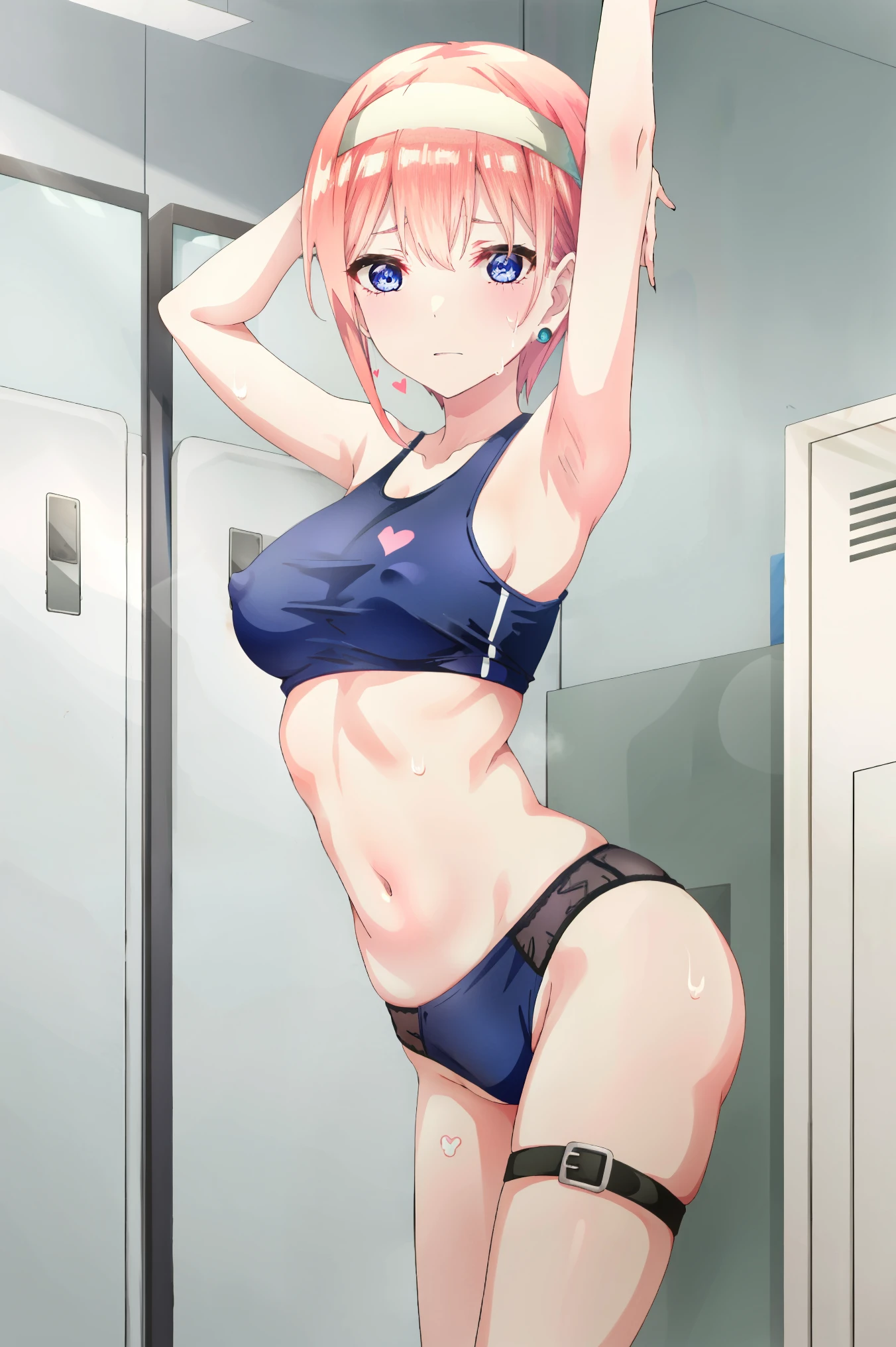 standing split, standing on one leg, leg up, navel, sport bra, thighs, thigh strap, underwear, hairband, sport panties, kneepits, heart pasties, black sport panties, , large breasts, female pubic hair, pasties, looking at viewer, blush, gym locker room, locker room, sweat, covered nipples, white hairband, solo, lingerie, areola slip, solo, sports bra, small breasts, , 1girl,solo,ichikanakano, ichika nakano, short hair, bangs, blue eyes, hair between eyes, pink hair, earrings, , Add scream sounds text to the image, add heart stickers
