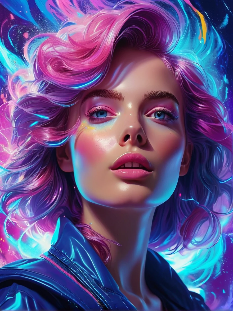 A portrait of beautifully stunning 20 yo woman [A portrait of beautifully stunning 20 yo woman [Elizabeth II:Maude Adams:0.45] with content face expression, fair skin, pink hair, surrounded by a swirling nanodusty plasma in electric blue and vibrant purple, vibrant colors, digital painting, trending in Artstation, cinematic lighting, and dynamic composition.:Maude Adams:0.45] with content face expression, fair skin, pink hair, surrounded by a swirling nanodusty plasma in electric blue and vibrant purple, vibrant colors, digital painting, trending in Artstation, cinematic lighting, and dynamic composition.