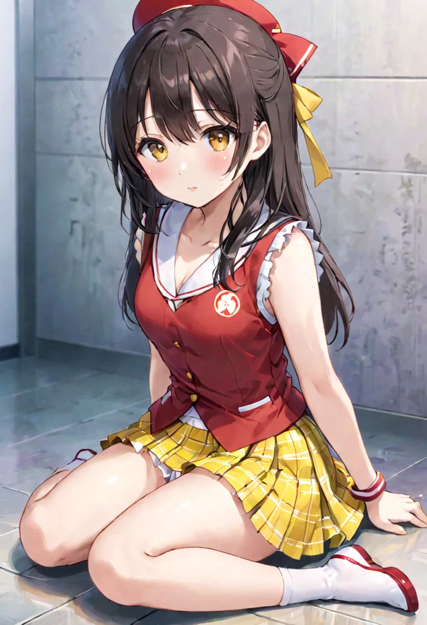 Asian woman in uniform sitting on the floor, Photo of high school girl posing, cute , Ayami koj ima, Japanese girl , Young beautiful girl gravure idol, wearing Japanese , Japanese , realistic young gravure idol, mayuri shiina, young gravure idol, young sensual gravure idol, Ayami、Lined V-neck vest、red and yellow checked skirt、(masterpiece)、(1 girl)、Japanese teen girl idol、1 girl、small face、plump cheeks、whole body、I can see my bare thighs、I can see my crotch、white panties、physical education sitting、hug one&#39;s knees