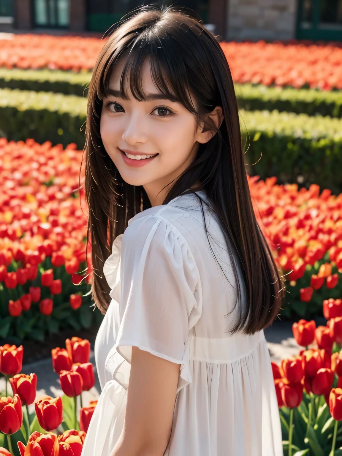 (highest quality,masterpiece:1.3,ultra high resolution),(Super detailed,caustics),(realistic:1.4,RAW shooting),1 girl,flat bangs、look at the camera with a smile、Blurred background, (Vibrant color saturation), tulip、windmill、flower garden