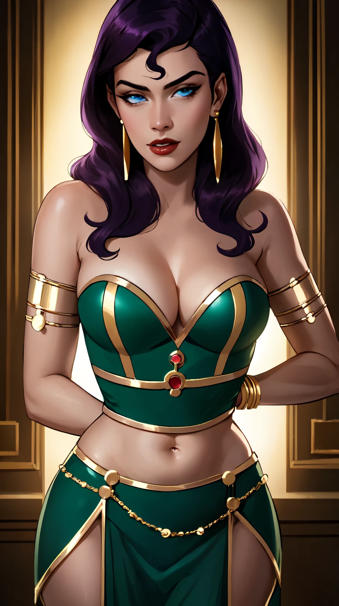 circe_JLU,blue eyes quebrar
purple hair quebrar
gold jewelry, Brincos de Ouro, pulseira de ouro, gold armlet quebrar
green outfit, barriga, bare shoulders quebrar
revealed cleavage,exposed medium breasts,(mamilos cobertos:1.1) quebrar
(ambient lighting:1.1)(ultra realistic,32k,Foto CRU:1.1),(pele altamente detalhada:1.1),8k hd,dslr quebrar
high quality,Film grain,(translucent and shiny clothes:1.1) quebrar
looking at viewer seductively,Tiro certeiro,fundo simples,incrivelmente detalhado,Melhor qualidade,obra de arte,(Fotorrealista:1.2),