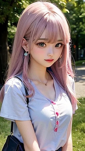 The arrival of autumn、big chest、 (alone:1.5,)Super detailed,明るいcolor, very beautiful detailed anime face and eyes, look straight, shiny_skin,girl, (((虹colorの髪, colorful hair, Half blue、half pink hair: 1.2))), 、forehead is exposed.、green eyes、shiny hair, delicate beautiful face, blush、Glasses、(turquoise eyes), White skin, Valletta, mature earrings、lake shore、Taking a walk、Maple leaves are waiting、blue sky、((short sleeve、Cute blouse with polka dots、short sleeveの服、Red checked miniskirt,)))、twin tails、smile、happy face、face dyed red、color々pose、Full body portrait from head to toe、I'm embarrassed