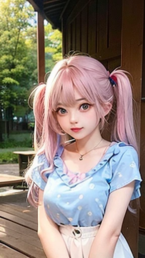 The arrival of autumn、big chest、 (alone:1.5,)Super detailed,明るいcolor, very beautiful detailed anime face and eyes, look straight, shiny_skin,girl, (((虹colorの髪, colorful hair, Half blue、half pink hair: 1.2))), 、forehead is exposed.、green eyes、shiny hair, delicate beautiful face, blush、Glasses、(turquoise eyes), White skin, Valletta, mature earrings、lake shore、Taking a walk、Maple leaves are waiting、blue sky、((short sleeve、Cute blouse with polka dots、short sleeveの服、Red checked miniskirt,)))、twin tails、smile、happy face、face dyed red、color々pose、Full body portrait from head to toe、I'm embarrassed