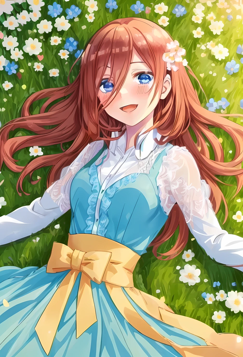 Miku nakano wearing a monochrome veiled organza dress, laying among grass, laying down among little flowers, sparkling blue_eyes, happy smile, sweet face, tender, lovely, 4k, perfect quality, excellent character design, pastel coloured image, vivid colours, bright colours, nature, lawn, among flowers, flower garden, delicate flowers among hair,  tiny flowers among hair, sunset, sunset light, embarassed face, shy laugh, blushing, full body, full shot, dinamic pose,  extremely detailed, clean lineart, neat, ,( 1 girl) Sfw, Miku nakano, pretty teenage girl with fluffy long pink brown hair, blue eyes, cute face, aamiku, Nakano Miku from The Quintessential Quintuplets, Miku Nakano, masterpiece, 4k, ultradetailed, cowboy shot, nakano Miku, pink red brown hair, blue eyes, sparkling eyes, iridescent flowing organza dress, organza and lace vest, single colour organza dress, full body, dynamic pose, moving, dynamism, hair between eyes,, perfect anatomy, perfect symmetry, perfect body