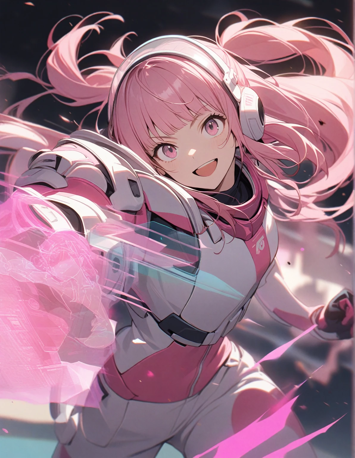 1girl, pink hair, long hair with bangs, two ponytails, pink eyes, hologram, transparent helmet pink and white, pilot suit pink and white, pink aura, fighting, smile, gentle tones