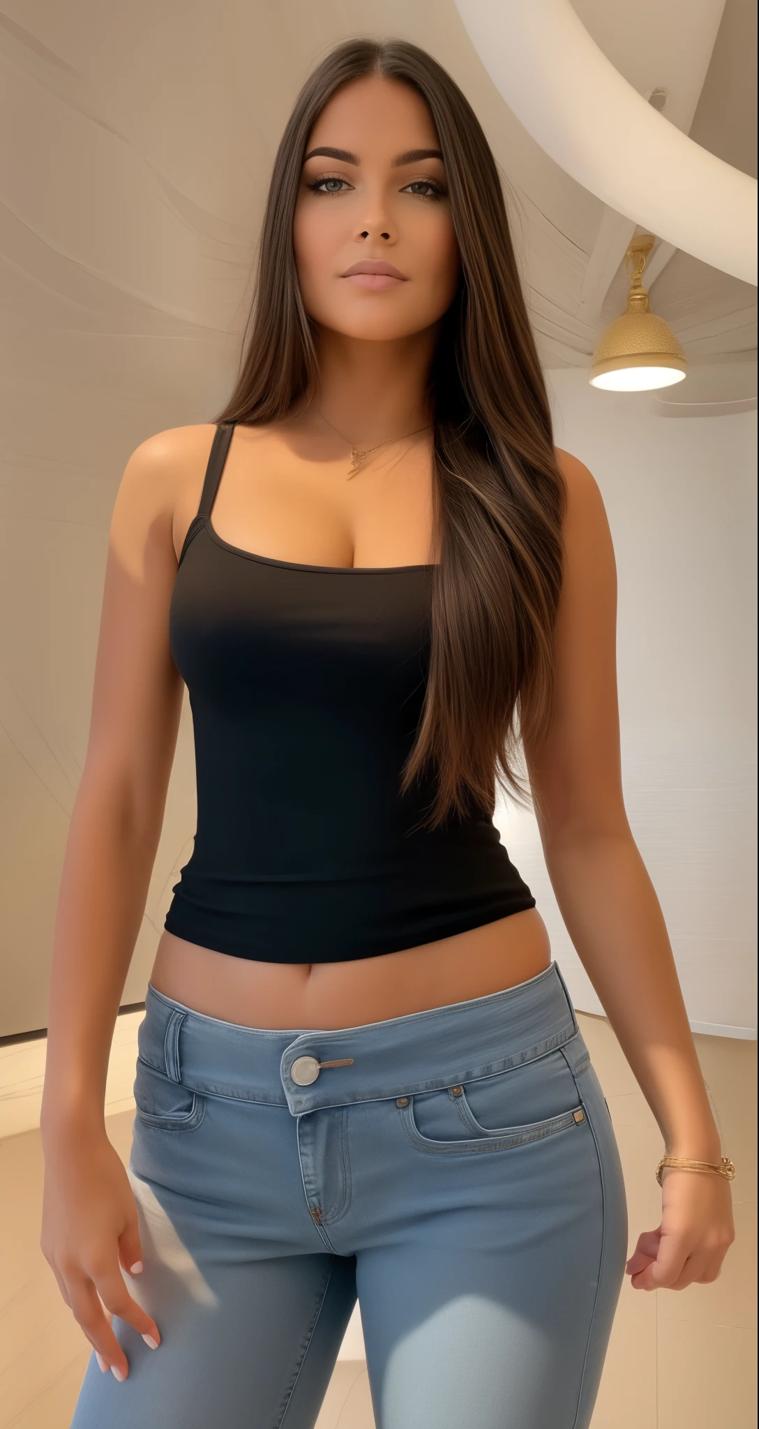 mulher araffed em um top preto e jeans posando para uma foto, she is wearing a black blouse, usando um top cropped sexy, cabelos castanhos e um corpo perfeito, regata preta apertada, vestindo uma blusa preta cropped, vestindo uma regata, look sexy, vestindo uma regata preta cortada, corpo sexy, blusa preta justa e shorts