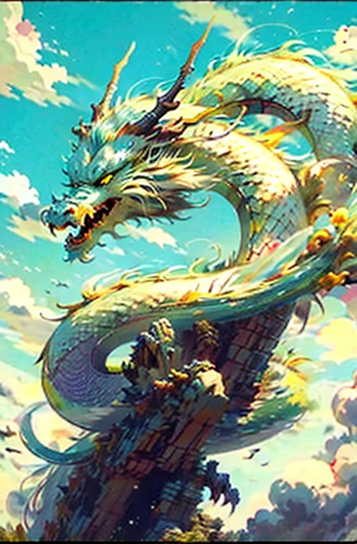 best quality,masterpiece,ultra high resolution,No,no humans, (long:1.2),sky空, yellow eyes, cloud, scales, Oriental dragon, open mouth, sharp teeth, flight, horn, teeth, sky, paw, fangs, blue sky空