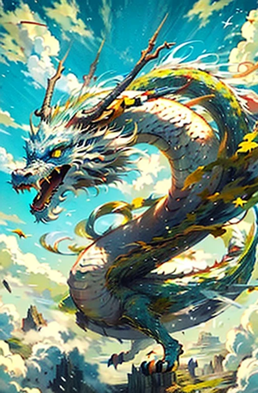 best quality,masterpiece,ultra high resolution,No,no humans, (long:1.2),sky空, yellow eyes, cloud, scales, Oriental dragon, open mouth, sharp teeth, flight, horn, teeth, sky, paw, fangs, blue sky空