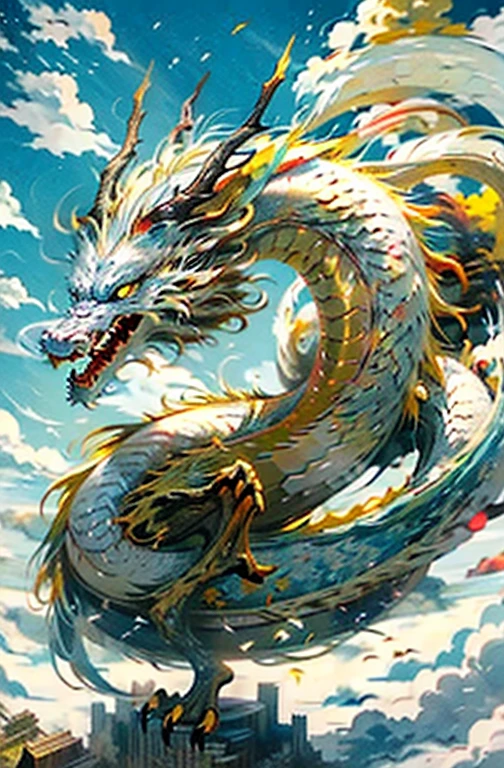 best quality,masterpiece,ultra high resolution,No，no humans, (long:1.2),sky空, yellow eyes, cloud, scales, Oriental dragon, open mouth, sharp teeth, flight, horn, teeth, sky, paw, fangs, blue sky空